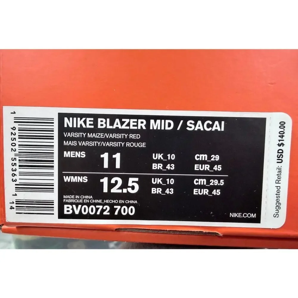 Nike Blazer Mid / Sacai “Varsity Maize / Varsity Red” BV0072-700 – Men’s 11 NIB